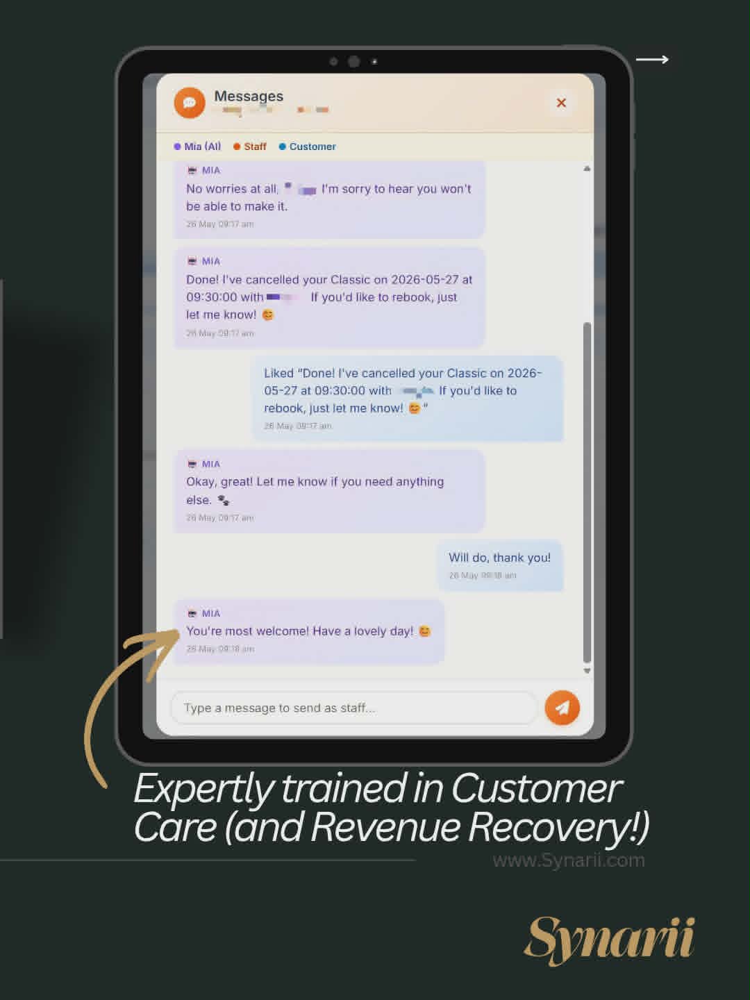 Real Mia conversation showing her handling a cancellation with warmth and offering to rebook the customer