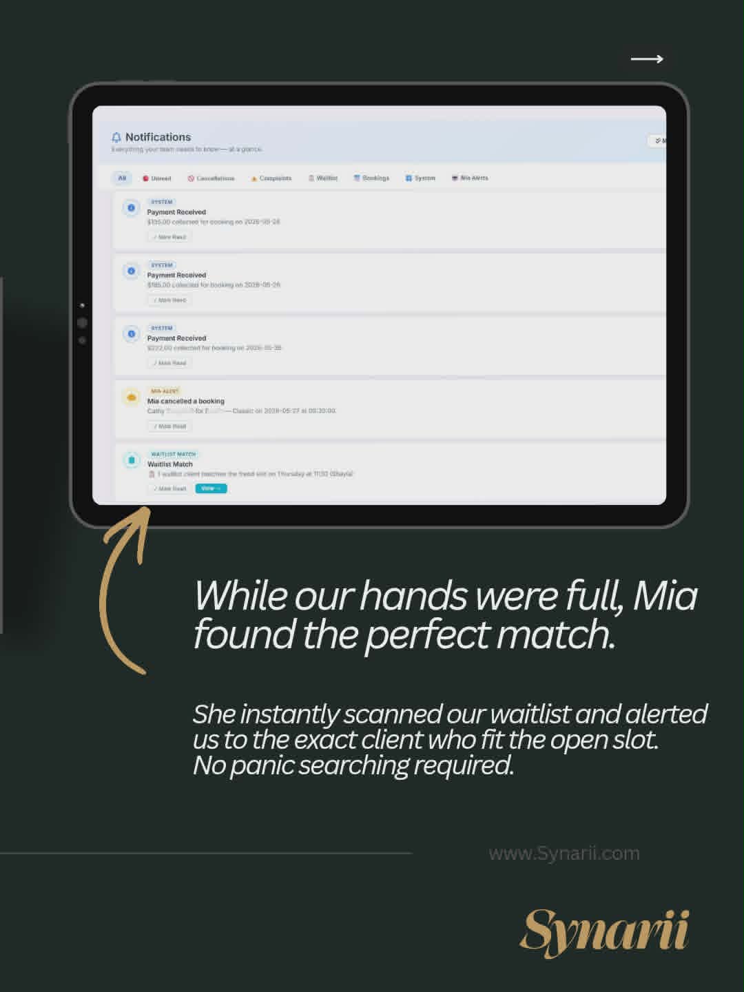 Synarii notifications panel showing Mia alerting the team to a waitlist match for a cancelled slot